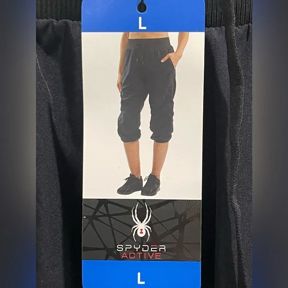 SPYDER WOMEN’s Active Capri Lightweight Pants Drawstring Pockets Size L Black - Picture 10 of 14